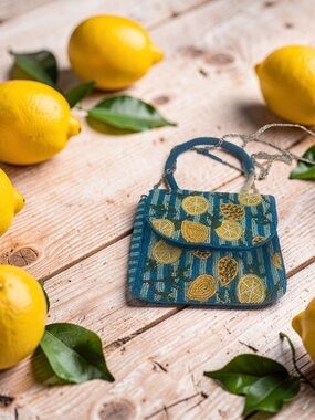 Hand-Beaded Blue & Yellow Lemon Mini Crossbody Bag